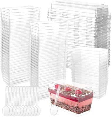 Produktbild von Dessertbecher 140 ml, 100 Stück, rechteckig mit Deckel, wiederverwendbar, für Party