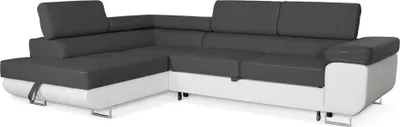 Produktbild von Ecksofa Aller L-form mit Schlaffunktion und Bettkastenin in Dunkelgrau, Weiß Kunstleder, Ottomane Links.