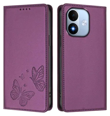 Image de Étui en cuir pour Xiaomi Redmi Note 17 4G, avec motif papillon, type portefeuille rabattable avec support. Couleur : violet