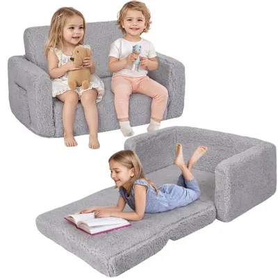 Imagen del producto de Banca infantil y silla 2 en 1, plegable, de color gris, ideal para espacios pequeños