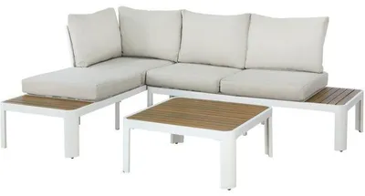 Image de Salon de jardin d'angle OLANA, Aluminium, 4 places, Blanc et beige, Table basse incluse, 165x74x76 cm