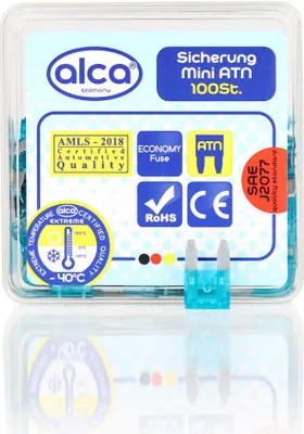 Produktbild von alca® Mini-Sicherungen 15A; 100 St. Economy Box 32 V blau Mini Flachsicherung Stecksicherung für Fahrzeuge Auto Motorrad Wohnwagen Camper Moped