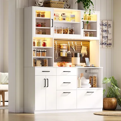 Produktbild von STILVORA Küchenschrank mit Arbeitsplatte und LED-Beleuchtung, Buffetschrank mit Steckdose und 5 Schubladen, Sideboard mit verstellbaren Einlegeböden
