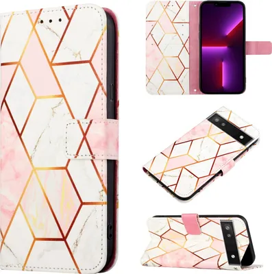Immagine prodotto di Custodia Google Pixel 6A, motivo marmo custodia in Finto cuoio portafoglio slot per carte con funzione stand flip custodia protettiva per Google Pixel 6A oro rosa