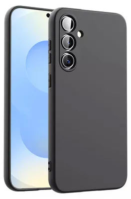 A black phone case is shown next to a smartphone.