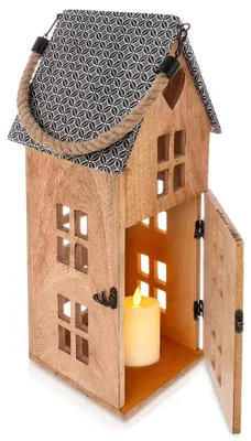 Obrázek produktu pro Orion | Lucerna - 22x48 cm - Ruční výroba - Mangové dřevo - Velký dřevěny lampion domeček na LED