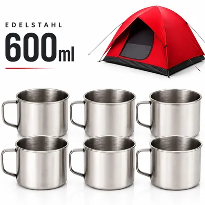 Produktbild von 6 Camping Becher Stahl Campingbecher Kaffebecher Espresso Outdoor Rostfrei 600ml