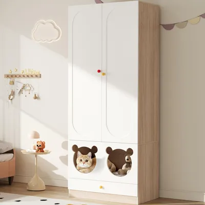 Immagine prodotto di Armadio per bambini Merax con letto per gatti, appendiabiti, ripiani aperti, adatto agli animali domestici, mobili per la camera dei bambini, 80×50×200 cm, bianco + legno naturale