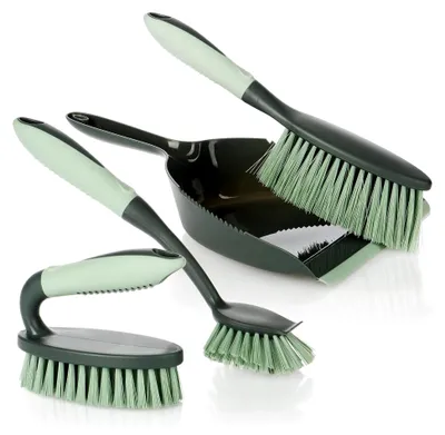 Produktbild von ® 4-teiliges Reinigungs-Set, Handfeger, Kehrschaufel, Handbürste und Spülbürste, perfektes Reinigungs-Starterset (grau-hellgrün)