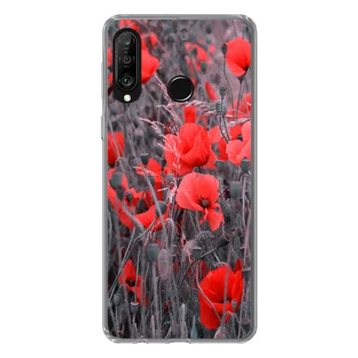 Produktbild von MuchoWow® Handyhülle Schutzhülle Hülle für Huawei P30 Lite Rote Mohnblumen in einem Schwarz-Weiß-Bild Silikon Softcase Handy Hülle - Handyhülle