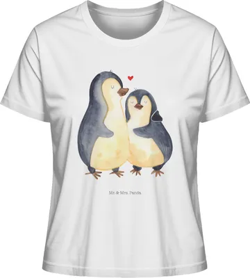 Produktbild von Mr. & Mrs. Panda Damen Kurzarmshirt Pinguin umarmen Größe S - Weiß - Geschenk, T-Shirt für Frauen, Paar, Umarmung Verliebt, Sommershirt, shirt, Basic, Hochzeitsgeschenk