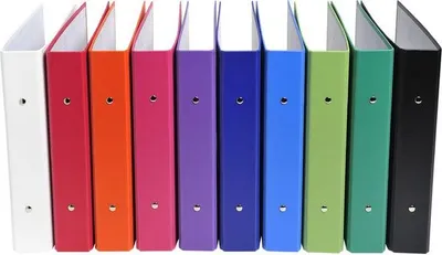 A row of ten colorful ring binders standing upright against a white background.