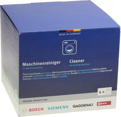 A product box for washing machine cleaner, showing brand logos and product information in multiple languages.