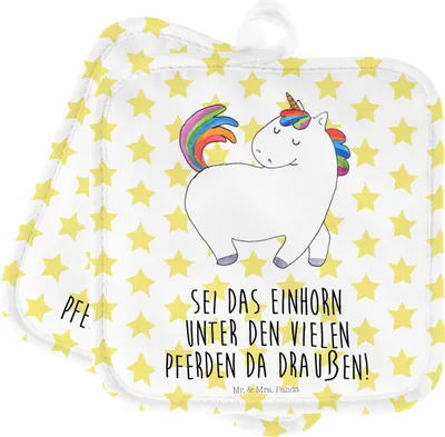 Produktbild von Mr. & Mrs. Panda Topflappen Einhorn Stolzieren - Weiß - Geschenk, Unicorn, Topfuntersetzer, topfhalter, Pferd, 2er Set, Stolz, Kochlappen, Einhörner