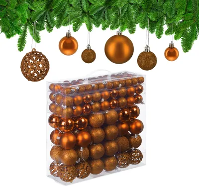Obrázek produktu pro Relaxdays vánoční ozdoby, sada 150 ks, třpytivé, matné a lesklé ozdoby na stromeček, plast, ∅ 3, 4 a 6 cm, oranžové
