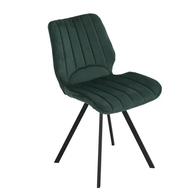 A single dark green velvet chair with black metal legs, shown against a white background.