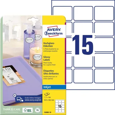 Produktbild von Avery Zweckform C6080-10 Hochglanz-Etiketten, A4, 63,5 x 46,6 mm, 10 Bogen/150 Etiketten, weiß