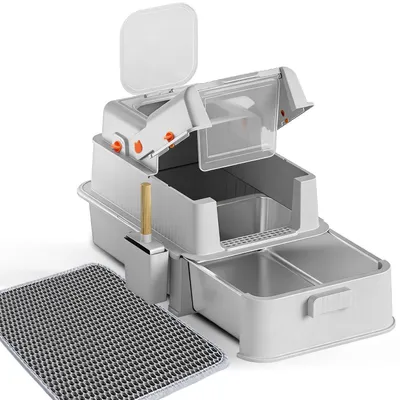 Immagine prodotto di Lettiera per gatti XL, acciaio inossidabile, chiusa, con cassetto, colore grigio chiaro, dimensioni 61x41x41 cm