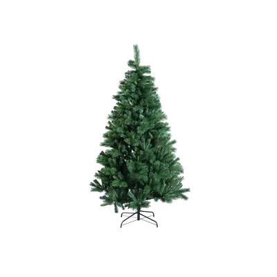 A green artificial Christmas tree on a white background.