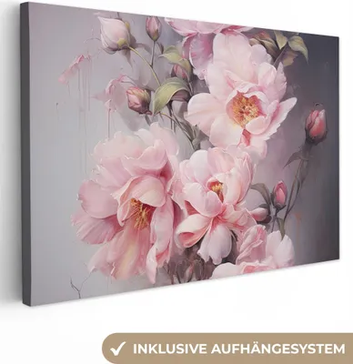 Produktbild von MuchoWow® - Leinwandbilder - Rosen - Blumen - Rosa - Kunst - Aquarell, Wandbild, Wanddeko Bilder Wohnzimmer, 90x60 cm