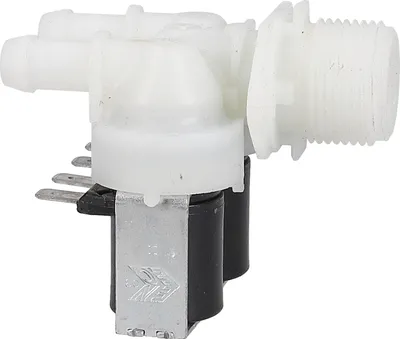 A close-up studio shot of a white and black solenoid valve.