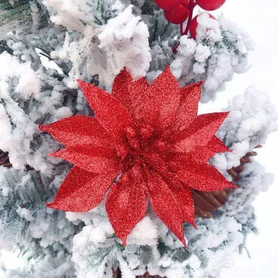 Produktbild von Glitzernde Weihnachtssterne, 14 cm, künstliche Blumen, Weihnachten, mit Clips, Stielen, Weihnachtsbaumschmuck für Hochzeit, Party, Kranzdekoration (Rot)-12 Stück