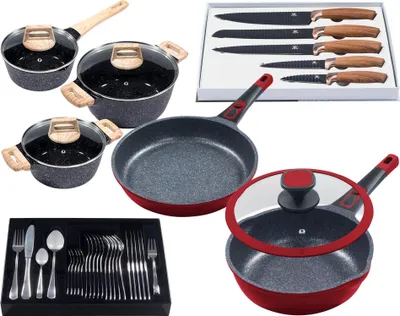 Zdjęcie produktu dla 11-częściowy profesjonalny zestaw patelni „Moonscape 2er” CZERWONY: patelnia płaska (Ø24 cm) + patelnia głęboka (Ø24 cm) z pokrywką szklaną + 5-częściowy zestaw noży + 3-częściowy zestaw garnków (Ø 18, 20, 24 cm) + 31-częściowy zestaw sztućców