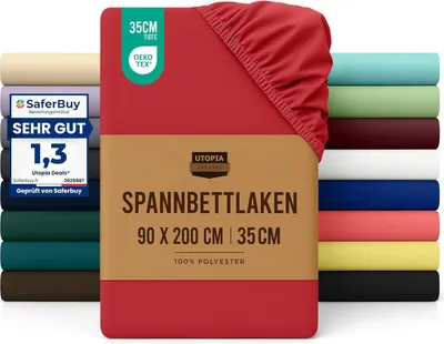 Produktbild von Utopia Bedding - Spannbettlaken 90x200cm - Rot - Gebürstete Polyester-Mikrofaser Spannbetttuch - 35 cm Tiefe Tasche