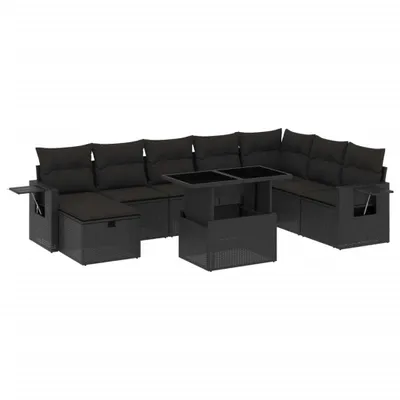 Produktbild von 9-tlg. Gartenmöbel-Set, modulare Lounge-Garnitur mit verstellbarem Tisch, Poly Rattan Schwarz, inkl. Kissen mit waschbaren Bezügen, UV-beständig