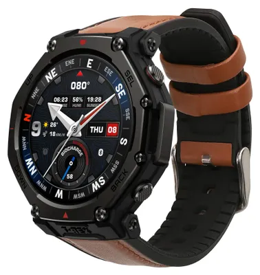 Produktbild von kwmobile Leder Uhrenarmband für Amazfit T-Rex 3 Armband - Ersatzarmband für Fitnesstracker mit Uhrenverschluss - Wechselarmband Smartwatch - Braun