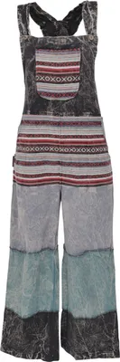 Zdjęcie produktu dla Spodnie ogrodniczki patchworkowe, styl japoński, spodnie boho – czarne, damskie, bawełna, rozmiar: L/XL