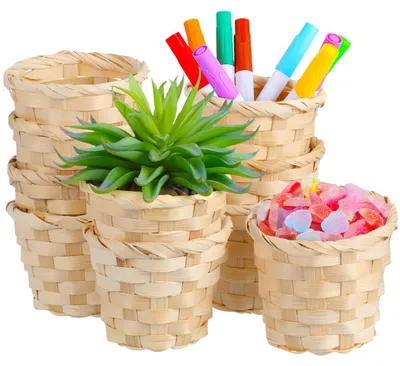 Productafbeelding van Miniatuur mandjes van wilg - 10 gevlochten opbergmandjes - Geschikt voor bloemen en fruit - 9x9x7,5 cm