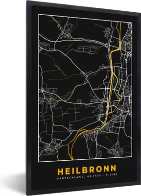 Produktbild von MuchoWow® Gerahmtes Poster Heilbronn - Stadtplan - Karte - Deutschland - Gold 40x60 cm - Poster mit Schwarzem Bilderrahmen Wandposter Rahmen Foto Bilder - Papierdruck - Wandbilder
