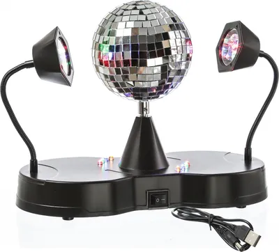 Produktbild von Spiegelkugel FLOWERPOWER mit 2 LED Schwanenhals Spots und Motor - USB/Batteriebetrieb