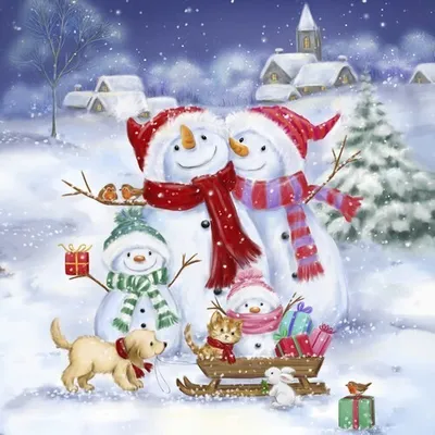 Produktbild von 20 Servietten Snowman Family with Pets - Familie Schneemann mit Tiere  33x33cm