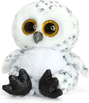 A plush toy owl is sitting on a white background.