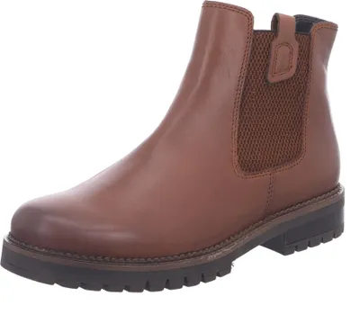 A single brown leather boot is shown against a white background.