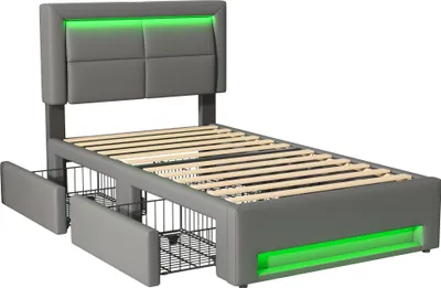 Produktbild von Polsterbett 90x200 cm, mit USB-Anschluss , mit LED-Beleuchtung und vier Schubladen, ohne Matratze, PolyurethanLitschi-Muster , Grau