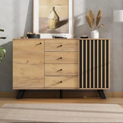 Zdjęcie produktu dla Szafka do salonu o wymiarach 120x38x75 cm, z 2 szafkami i 4 szufladami, imitująca drewno