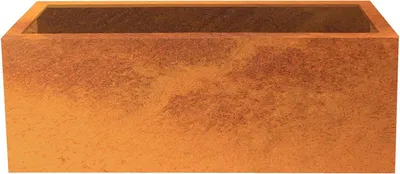 A rectangular planter box with a weathered, rusty metal finish.