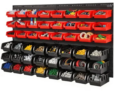 Immagine prodotto di Scatole impilabili VEVOR, organizzatore di scaffali divisori a 48 scomparti per garage, utensili da negozio in plastica con pannelli a parete, organizzatore di utensili per dadi, bulloni, viti, chiodi, perline, bottoni, nero e rosso