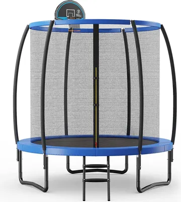 Immagine prodotto di COSTWAY φ244 cm trampolino da esterno, trampolino da giardino con scala, set completo di trampolino con pallone da basket, tappetino per saltare, rete di sicurezza e copertura dei bordi