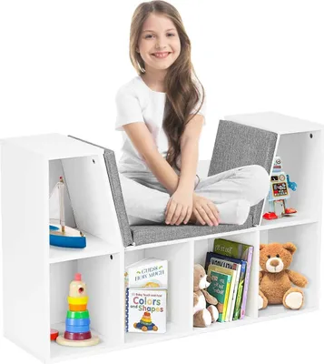Immagine prodotto di Libreria con cuscino da seduta, mobile con 6 scomparti e 2 ripiani, struttura portante fino a 140 kg, divisorio in legno con panca per camera dei bambini (bianco)