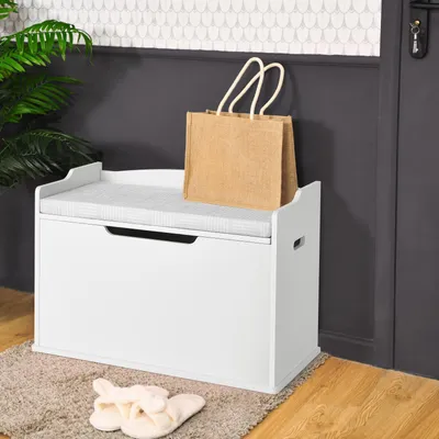 Produktbild von GOPLUS Spielzeugtruhe mit Deckel, Kinder Sitzbank mit Kissen & Stauraum, Spielzeugschrank mit seitliche Griffe, Spielzeugkiste aus Holz, Weiß