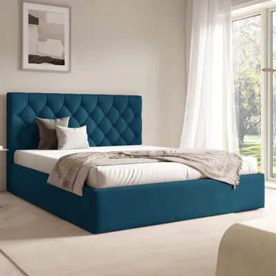 Obrázok produktu pre FURNISTAR Čalúnená posteľ BEA IV s úložným priestorom | 140x200 | Dvojlôžko s úložným priestorom a roštom | Vzhľad boxspringovej postele | Bez matraca | Spálňa - tmavomodrá