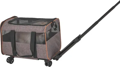 A rolling pet carrier with a telescoping handle and wheels.