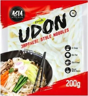 Packaging for Udon noodles with a serving suggestion image.