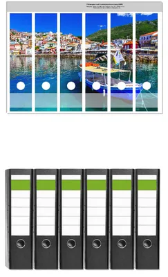 Produktbild von Wallario 6 Stück breite Ordner inkl. Klebeetiketten mit Motive Fischerboot im Hafen -  Set mit Rückenschildern / Ordnerrücken Stickern