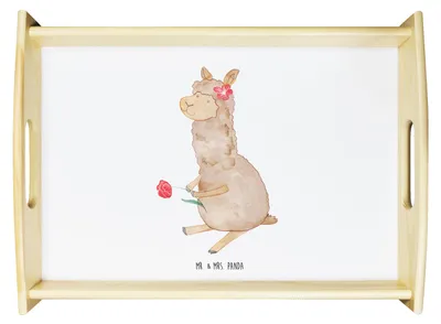Produktbild von Mr. & Mrs. Panda Tablett Alpaka Blume - Weiß - Geschenk, Deko, sofatablett, Servier, für bett, Lama, Spruch, Holztablett, Lamas