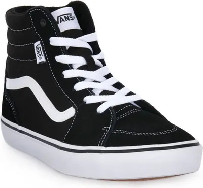 A black high-top Vans shoe with white laces and a white side stripe.